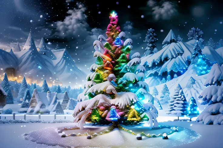 colorful tree covered with snow at christmas, decorations,  fantasy ,  movie-like