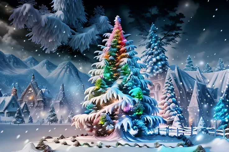 colorful tree covered with snow at christmas, decorations,  fantasy ,  movie-like