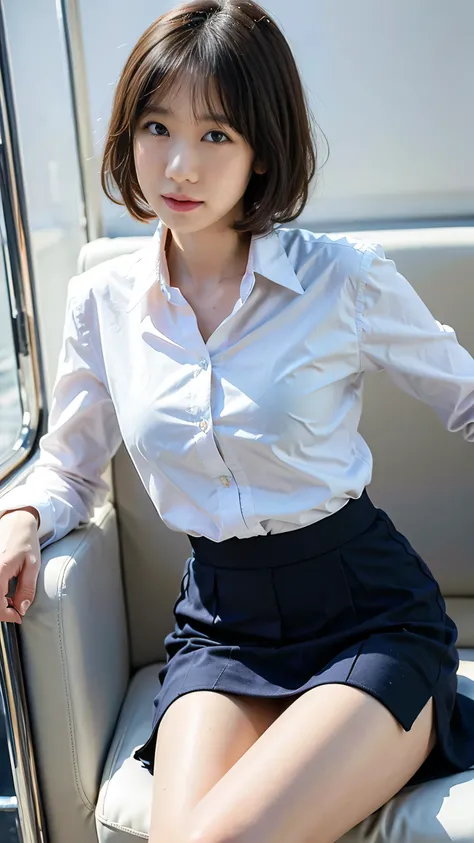 Masterpiece, High Resolution, Ultra High Resolution, 4K, Black bob Hair, bangs, Japanese Girl, Navy Blue 
Uniform Skirt, White shirt, Highlighted Thighs, White Thighs, Soft Thighs, Shiny Thighs, Sitting on Train, Face to Face Angle, Angle from Below, Sitti...