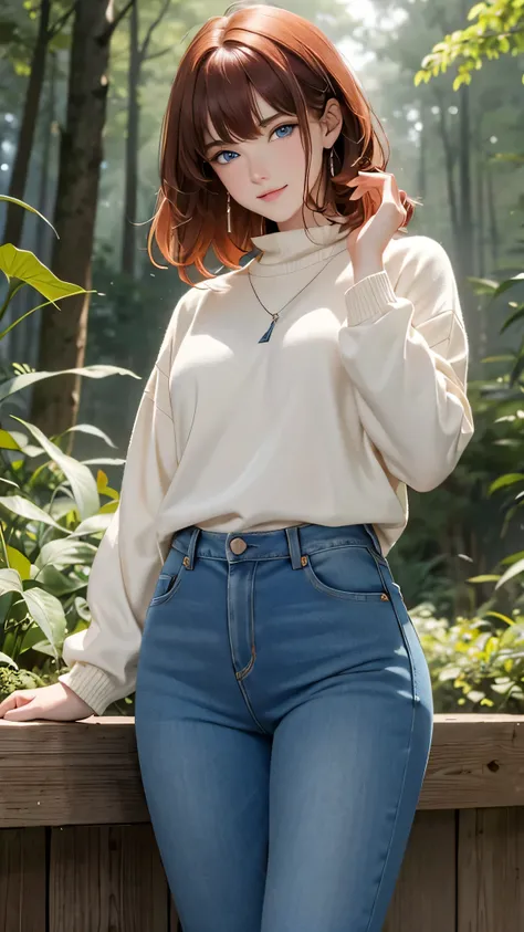 1 girl, Centauro Lillieado:1.2),Red hair, short brown hair,(cynical eyes, blue eyes), For the,to smile, (embarrassing face) ,forest, forest bottom ,Wearing sweater and jeans pants, master part , extremely detailed CG unit 8k wallpaper,  Best Quality ,32K,s...