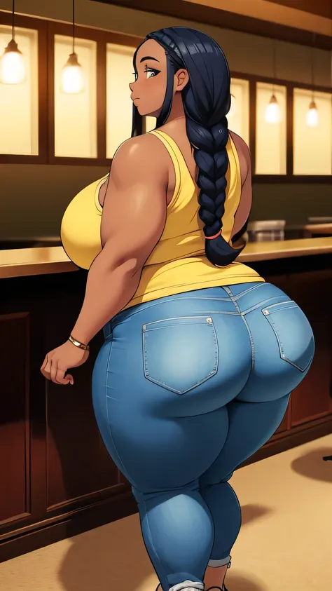 A morbidly obese African American woman with large breasts and wide waist, braided hair, in a bar, tank top and jeans with massive ass, ((fatty arms and legs))