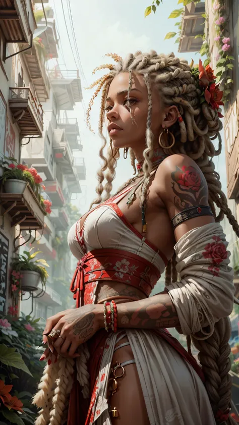 ankymoore, low-angle view, a rapper with dreadlocks and tattoos, wearing white and red sexy clothing, graffiti background, (masterpiece), (best quality:1.2), absurd resolution, intricate details, flowers, leaves, roots."