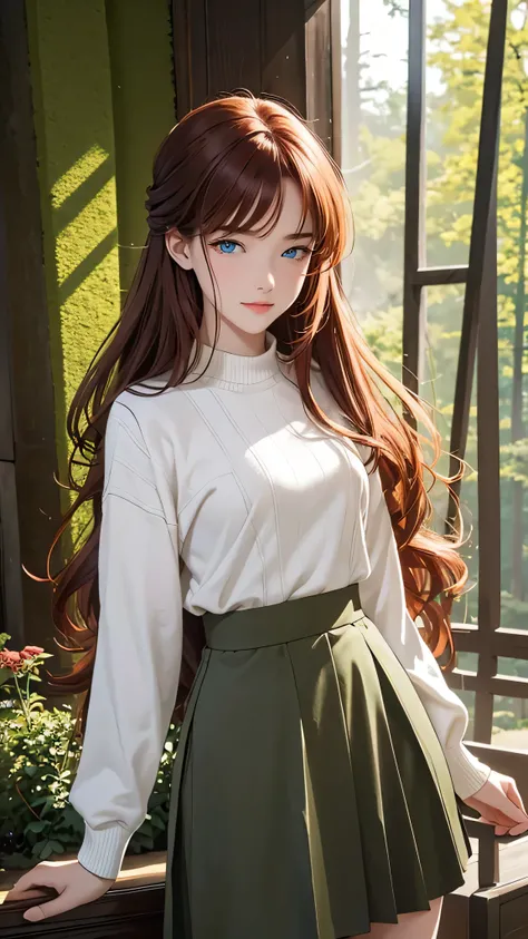 1 girl, Centauro Lillieado:1.2),Red hair, Hime brown hair,(cynical eyes, blue eyes), For the,to smile, (embarrassing face) ,forest, forest bottom ,Wearing sweater and skirt , master part , extremely detailed CG unit 8k wallpaper,  Best Quality ,32K,sharp f...
