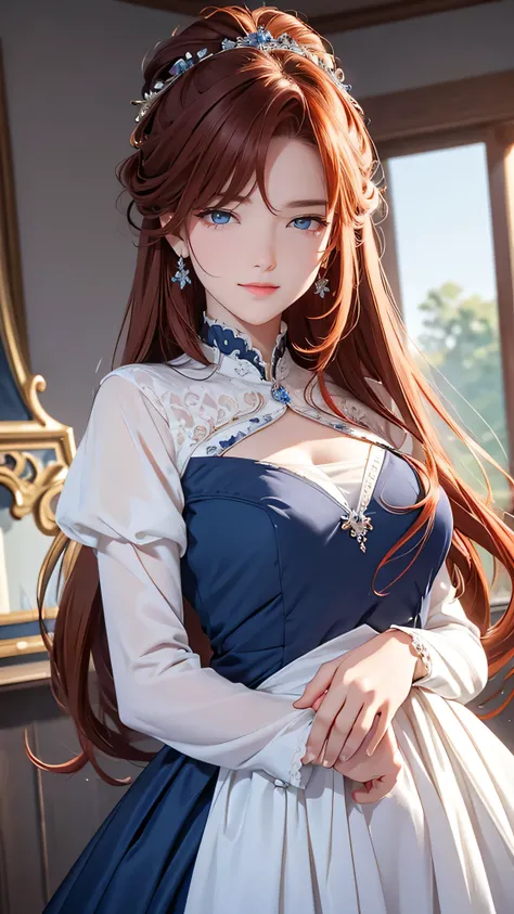 1 girl, Centauro Lillieado:1.2),Red hair, Hime brown hair,(cynical eyes, blue eyes), For the,to smile, (embarrassing face)  ,Wearing elegant dress , master part , extremely detailed CG unit 8k wallpaper,  Best Quality ,32K,sharp focus, look at viewers