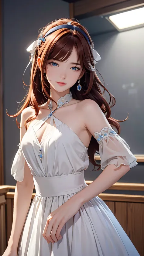 1 girl, Centauro Lillieado:1.2),Red hair, Hime brown hair,(cynical eyes, blue eyes), For the,to smile, (embarrassing face)  ,Wearing elegant dress , master part , extremely detailed CG unit 8k wallpaper,  Best Quality ,32K,sharp focus, look at viewers