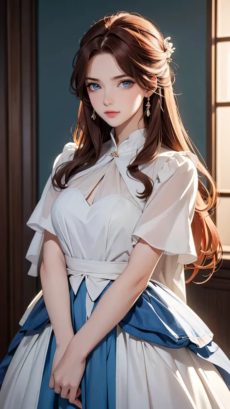 1 girl, Centauro Lillieado:1.2),Red hair, long stright brown hair,(cynical eyes, blue eyes), For the,angry, (embarrassing face)  ,Wearing elegant dress , master part , extremely detailed CG unit 8k wallpaper,  Best Quality ,32K,sharp focus, look at viewers