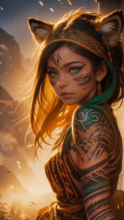 masterpiece, Cowboy shot, (1woman), (1 Tiger), (tribal dress:1.2), (beautiful green eyes), (tribal fox tattoo), white, orange and redcolors, foggy background, dynamic pose, (looking at viewer), (front view), (from sky), (bokeh:1.2)