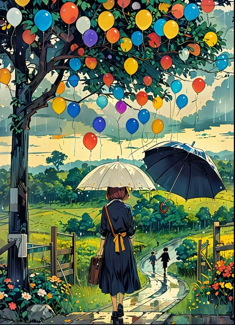 rain, raining, balloon, pattern, dream, arts,  the edge of sight of those beautiful eyes 々reside in, vivid depiction,  take shel...