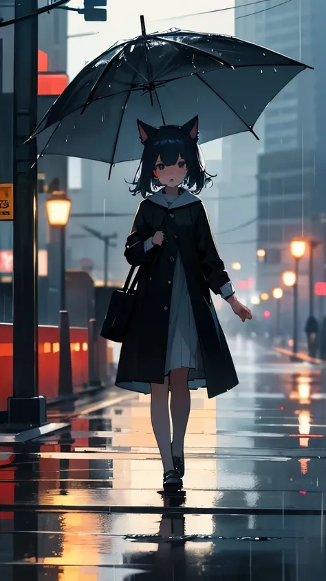  rainy dusk 、Girl with cat ears walking aimlessly while getting wet in the rain、 High Quality 、High image quality、masterpiece、wallpaper、8k、