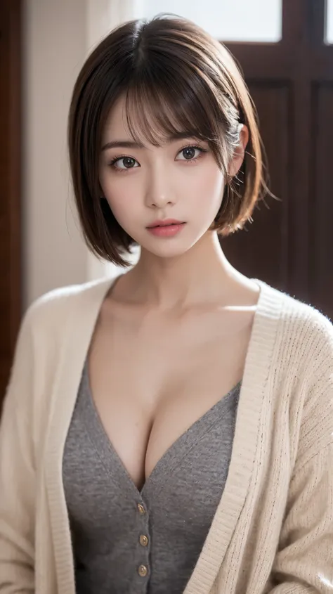  one girl who is at ease, (Wear a knitted cardigan、 cleavage:1.2), ( RAW photo,  best quality), (Realistic, Realistic:1.4),  table top naked underneath the jacket,   very delicate and beautiful  , 非常に Details, 2k wallpaper,  amazing,  Details, 非常に Detailsな...