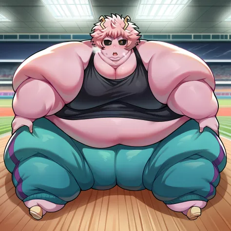 score_9, score_8_up, score_7_up, source_anime,
Mina Ashido, pink skin,
bare shoulders, pants, black shirt, tank top, blue pants, black tank top, track pants,
indoors,
looking at viewer,  fat, chubby, obese, gigantic arms and legs, large breasts open mouth,...