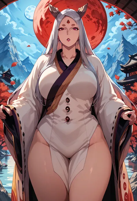 girl, solo, kimono , red eyes, haori, temple , moon, parted lips, thick thighs , big breasts,standing ,lake,beautiful