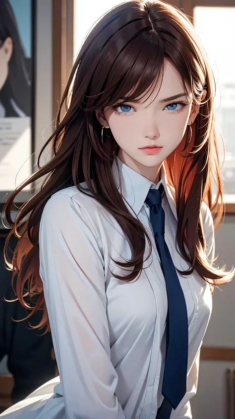 1 girl, Centauro Lillieado:1.2),Red hair, long stright brown hair,(cynical eyes, blue eyes), For the,angry, (embarrassing face)  ,Wearing Office outfit , master part , extremely detailed CG unit 8k wallpaper,  Best Quality ,32K,sharp focus, look at viewers