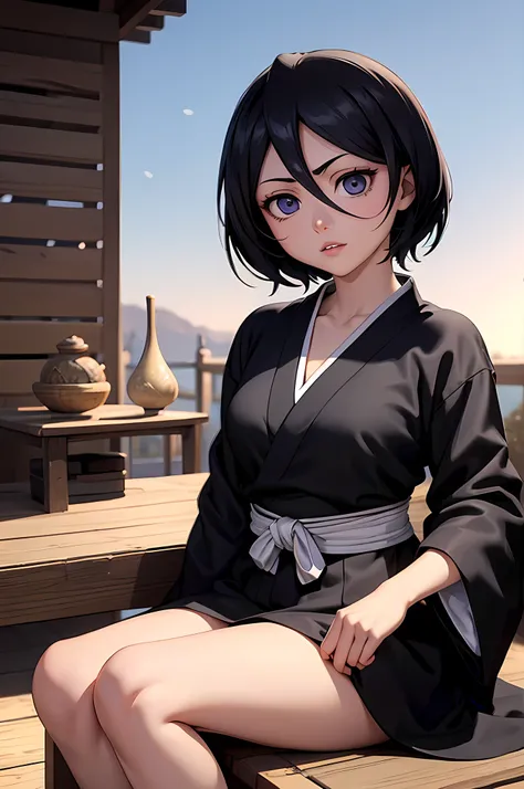 rich in detail, Incredible lines of color and detailed lighting, amazing detailed face, amazing detailed hair, incredible detailed eye, amazing detailed nose, amazing detailed lips. a young and beautiful girl wearing a black kimono and with her hand in her...