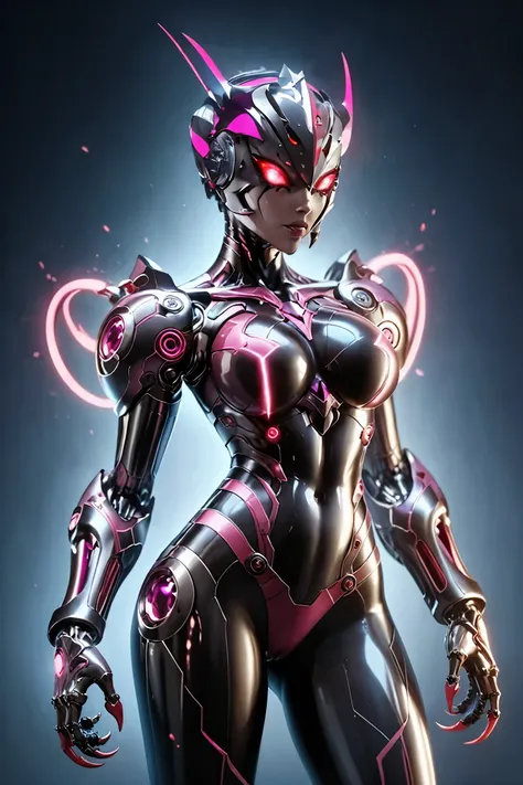 ultraman girl. sf style. black body. cyborg style. red, purple and pink accents. latex body. matte texture. glowing core. armor....