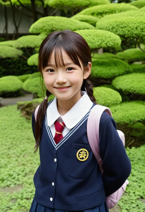 Japanese elementary school girl smiling, baby face, park with lots of greenery
