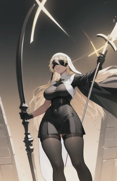 (black tights), Too exposed nun clothes, ((tanned skin)), thick thighs, big breasts, A gorgeous spear shaped like a giant cross, golden long hair, Composition looking up from below, abstract background, (best quality), ((wearing a black blindfold))