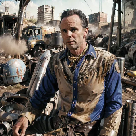 (one person in image). Fallout TV series. 50 year old white Man Coop (Actor Walton Goggins) with short dark brown hair with greying sideburns in a blue and gold cowboy suit and cream cowboy hat, is sitting down, leaning against a huge concrete bunker with ...