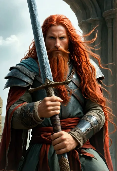 gigantic red hair peasant with long beard and hair holding a huge sword on a battlefield