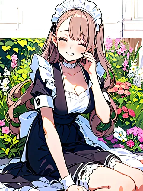 (( pretty girl , 18 years old:1.5)), (([Woman in maid outfit:1.5)), ((Beautiful gardens, random sexy pose:1.5)), lying on grass with back on the ground, (( random sexy pose、[Insert、Deep joy、Severe pain、Intoxicated Eyes:1.2),despair, ((Close your eyes and...