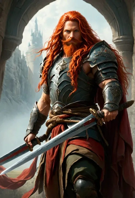 gigantic red hair peasant with long beard and hair holding a huge sword leading an army