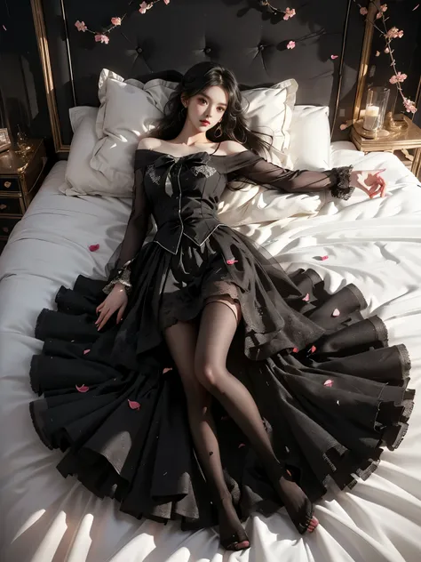 dating attire, bow, jacket, skirt, pantyhose, bow socks, black footwear (full body shot:1.4), ((Dark night, dark color)), ((At night, warm colors of light)), ((Scattered rose petals, many petals spread all over the bed)), (complete figure from head to toe:...