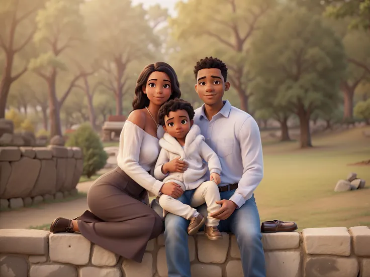 araffe family sitting on a stone wall in a park, (husband wife and son), (3 people, black people family), family photography, portrait of family of three, 60mm portrait, 7 0 mm portrait, high quality portrait, family portrait, high quality portrait photoshoot, family photo, perfectly centered portrait, head and shoulders photography, home photography portrait, photo of a beautiful, professional color photography