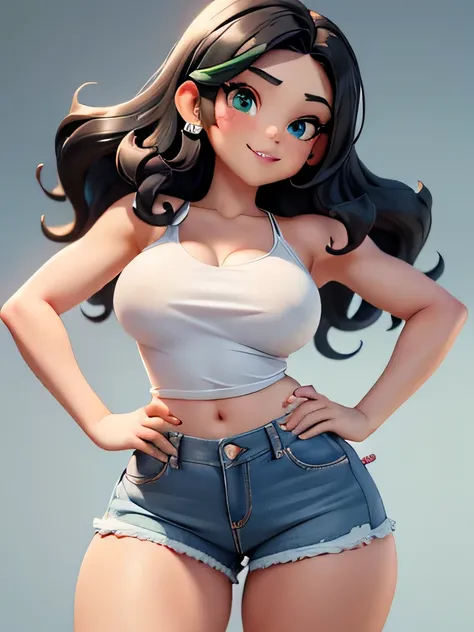 A sticker ，  1 future beauty  ， simple bottom ,  cartoon of beautiful woman , ( masterpiece), cuerpo entero:1.2, 8K,  cartoon of a black-haired woman, long,  wavy hair blue reflections ,  small nose with some freckles , big green eyes, Labios pequeños,  sl...