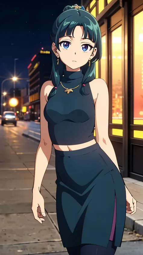 Top quality (8k, high resolution, masterpiece: 1.2), super detailed, anime art style, dynamic angle, ((Dark blue turtleneck sleeveless knit), pencil skirt, on the city street, necklace, earrings, knee-high stockings:1.2), (small medium breast:1.2), detaile...