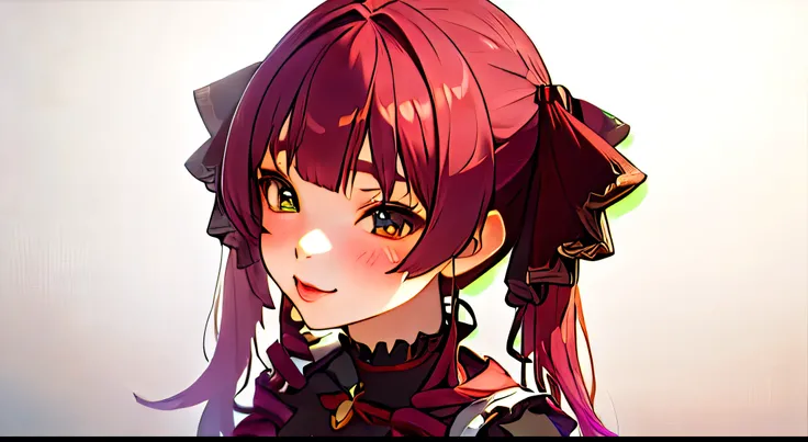 a young girl with long red hair, beautiful detailed eyes, beautiful detailed lips, extremely detailed face, longeyelashes, white background, cool, cute, flirty, twin tails, ribbon, (best quality,4K,8k, highres icon,masterpiece:1.2),ultra-detailed,(realisti...