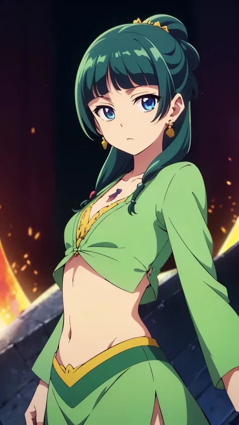 Top quality (8k, high resolution, masterpiece: 1.2), super detailed, anime art style, dynamic angle, (green hair, blue eyes:1.3), (primrose, jewelry, red revealing clothes, navel), (small medium breast:1.2), detailed green hair, detailed blue eyes, intrica...