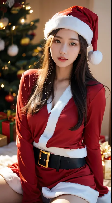 masterpiece,   Top Quality, shape, Very    Details,    Details,  最  nothing の8K壁紙,    Perfect dynamic configuration   ,    Beautiful Details   ,    Look ahead，  Natural Lips ,(     Santa Claus Costume   :1.5), ，   Knee-Up Miniskirt ，symmetric,   Extremely ...