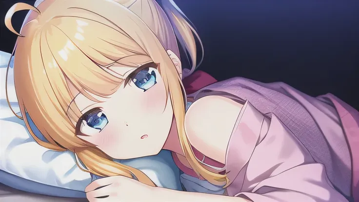 masterpiece,  best quality,  high definition , Game CG,  1 girl , ,Ponytail, blue eyes, watching viewers ,Ponytail, blue eyes ,  with bangs,Blonde,Droopy eyes,Align your bangs,Im watching , bangs,whole body,Ahoge,yukata,Im closing my legs, bed,pillow,One p...