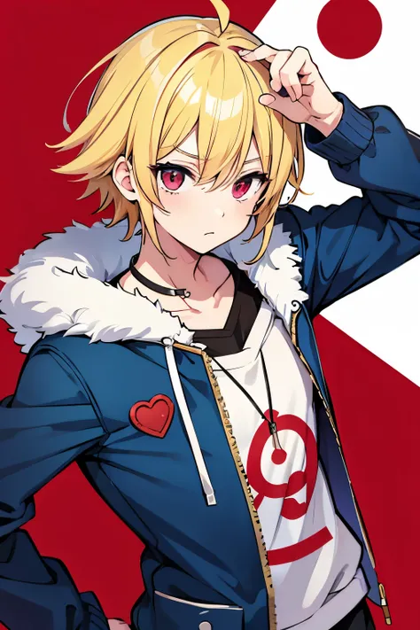 Anime boy,blond haired, right eye red, left eye blue, cute, thug,red jacke