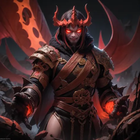 The demon king looks hideous and scary：A pair of eyes like a mirror，The two eyebrows are bright as red neon；The mouth is like a basin of blood，Toothed copper plate；The roar shook the mountains and feared，The action is majestic and the evil is panicked