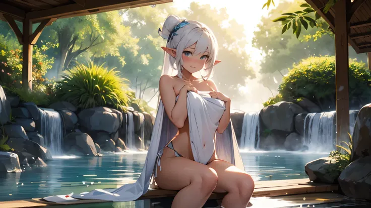 beautiful adult elf woman with long flowing white hair long leg ,wearing towel wrapped around body , sitting beside hot spring with warm mist , bamboo wall around the large pool , happy face , red face blushing and body , hot spring at medieval town , warm...