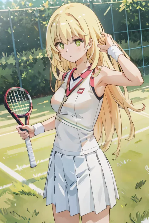 nsfw. she is wearing a white and gold tennis outfit, with her white undergarments visible. she holds a single tennis racket with...