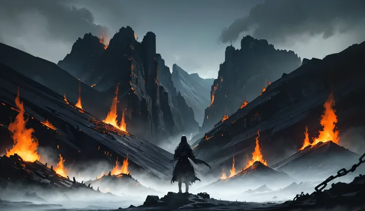 A dark, atmospheric black metal scene featuring a cursed, decaying  shrouded in flames of infernal fire. The setting is a desolate, otherworldly wasteland where jagged mountains crumble into rivers of molten lava. The sky is torn apart, revealing swirling ...