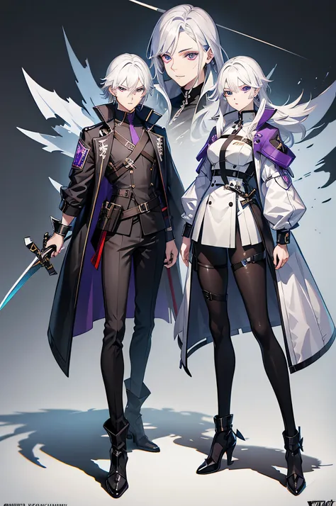 Anime – Boy character with white hair and purple eyes in the style of two swords, Detailed concept art, ( ( character concept art ) ), from arknights, Official Character Art, expert high detail concept art, soldier outfit, Technical Long Coat, from girls f...