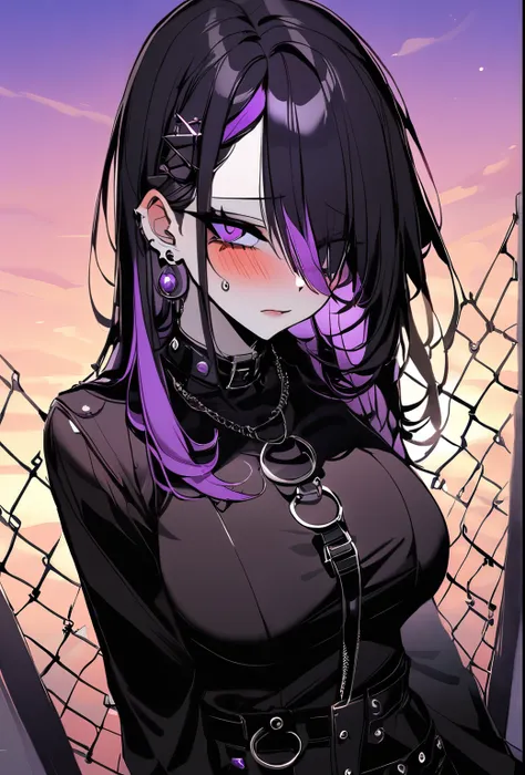 Holo-Punk style, (( best quality)),((masterpiece)),(( strikingly beautiful )), mature,  1girl, One,  high quality , masterpiece, skinny, EMO, black EMO clothing, heavy  compose,  purple eyeliner , mascara, eye shadow, lined eyes,  blush , pomade, earrings,...