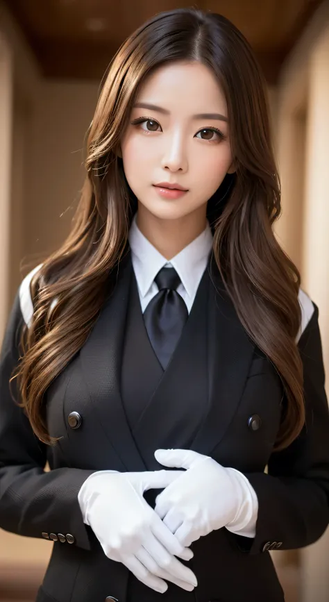 (8k, Realistic.,  RAW photo,  最 High Quality  ::1.4),  Picture of a Japanese female butler  ,  The character is a formal butler costume that turns the womb inside out ,  similar to a tuxedo  .,   The scene is set in a luxurious room in a Western mansion {x...