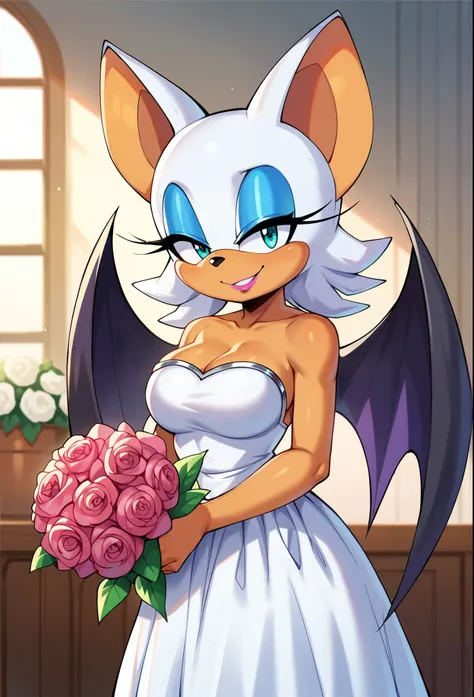 score_9, score_8_up, score_7_up, score_6_up, score_5_up, score_4_up, BREAK, 1girl, solo, rouge the bat, breasts, looking at viewer, soft smile, indoors, animal ears, cleavage, bare shoulders, heart, wings, aqua eyes, eyelashes, sideless white wedding dress...
