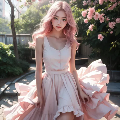 alone,Japanese,Bob Hair,Light pink hair, Pink Eyes, Pink and white, Cherry leaves, Vibrant colors, White Dress, Paint splashes, Simple Background, Ray Tracing