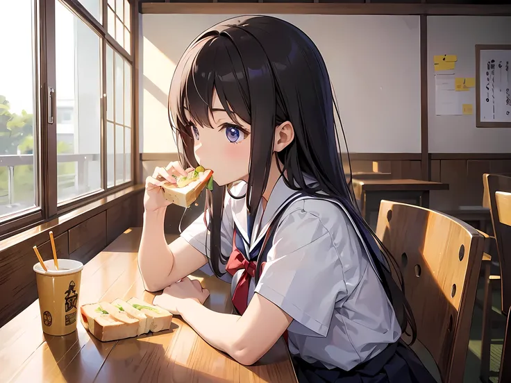 Japanese high school girl studying while eating sandwiches