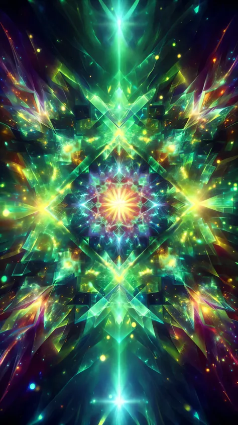 a digital image of a star burst with many colors, sacred fractal structures, enlightenment tripping on dmt, galactic dmt entity, dmt visuals, fractal sacred geometry, radiating rebirth energy, emanating dimensional magic, shards and fractal of infinity, di...