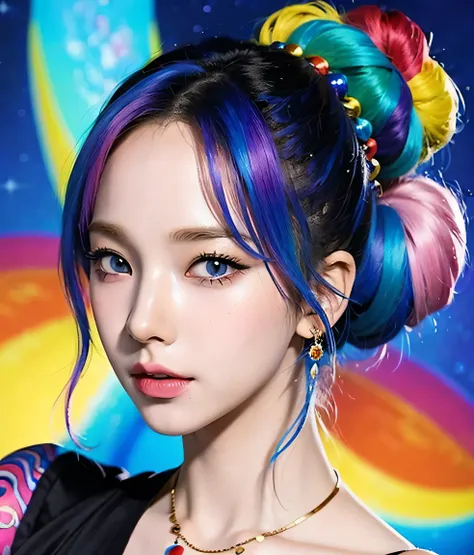 Close-up of a woman with  colorful  hair and necklace,  anime girl with space hair , half updo, Ross paints a soft, lively picture, Gvez-style artwork,  fantasy art style ,  colorful ],  Brilliant Fantasy Style , Ross draws vibrant cartoons, cosmic and  co...