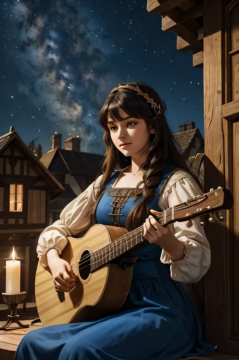 medieval bard singing with a lute in his hand, he is in a roof of a house together with a girl, he dresses with brown and white clothes and his hair is black, the girl wears simple blue dress and are in love for him, cozy night sky, warm, medieval