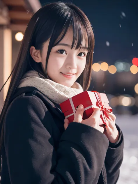 (close-up face shot of one slender small breasts dark silver long hair with swept bangs girl in a winter long coat and  scarf:1....