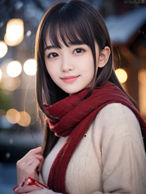 (close-up face shot of one slender small breasts dark silver long hair with swept bangs girl in a winter long coat and  scarf:1....