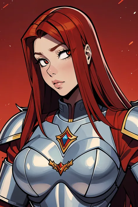 a woman, The red-haired queen, Lady in red armor,  in the armor, retrato cavaleiro  female, gorgeous female paladin, epic RPG portrait,  female, fairy style shepard, cute art key female, beautiful girl,long red hair,  red eyes ,  wearing armor, breasts, Hu...